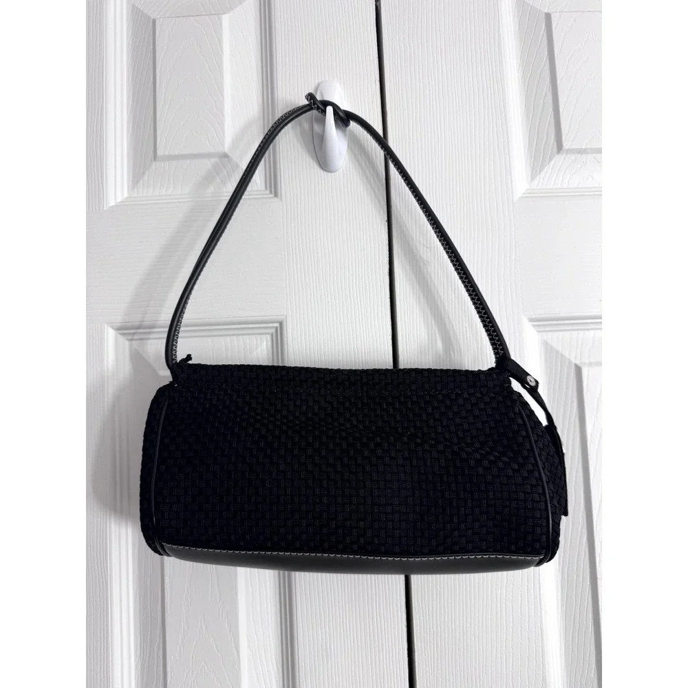 The Sak Woven Knit Shoulder Bag Women's Black Crochet Baguette Handbag Purse